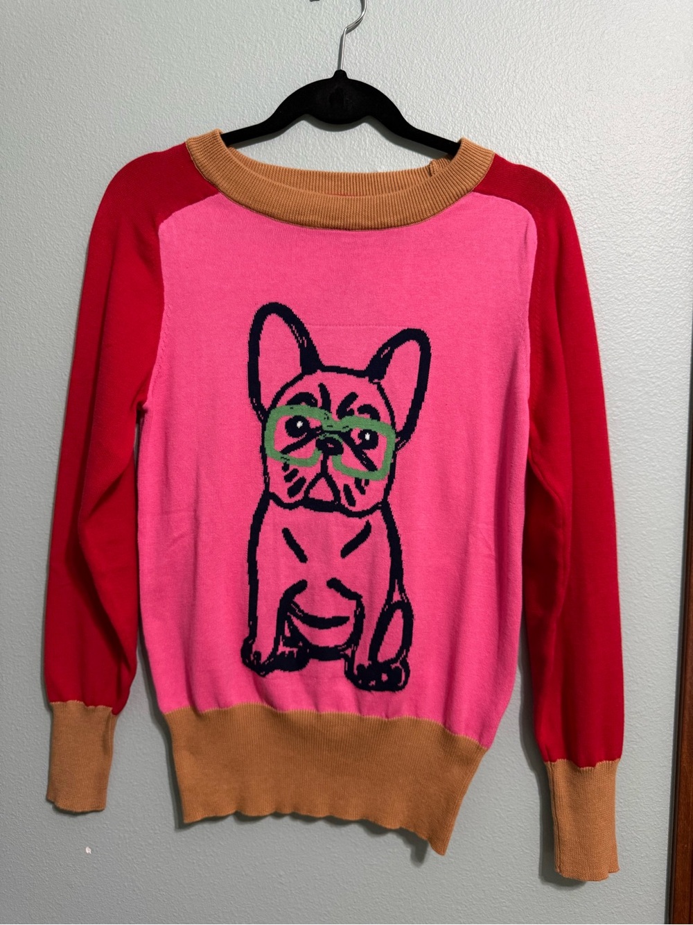 OXKnit Women's Retro Pink & Red French Bulldog Colorblock Sweater